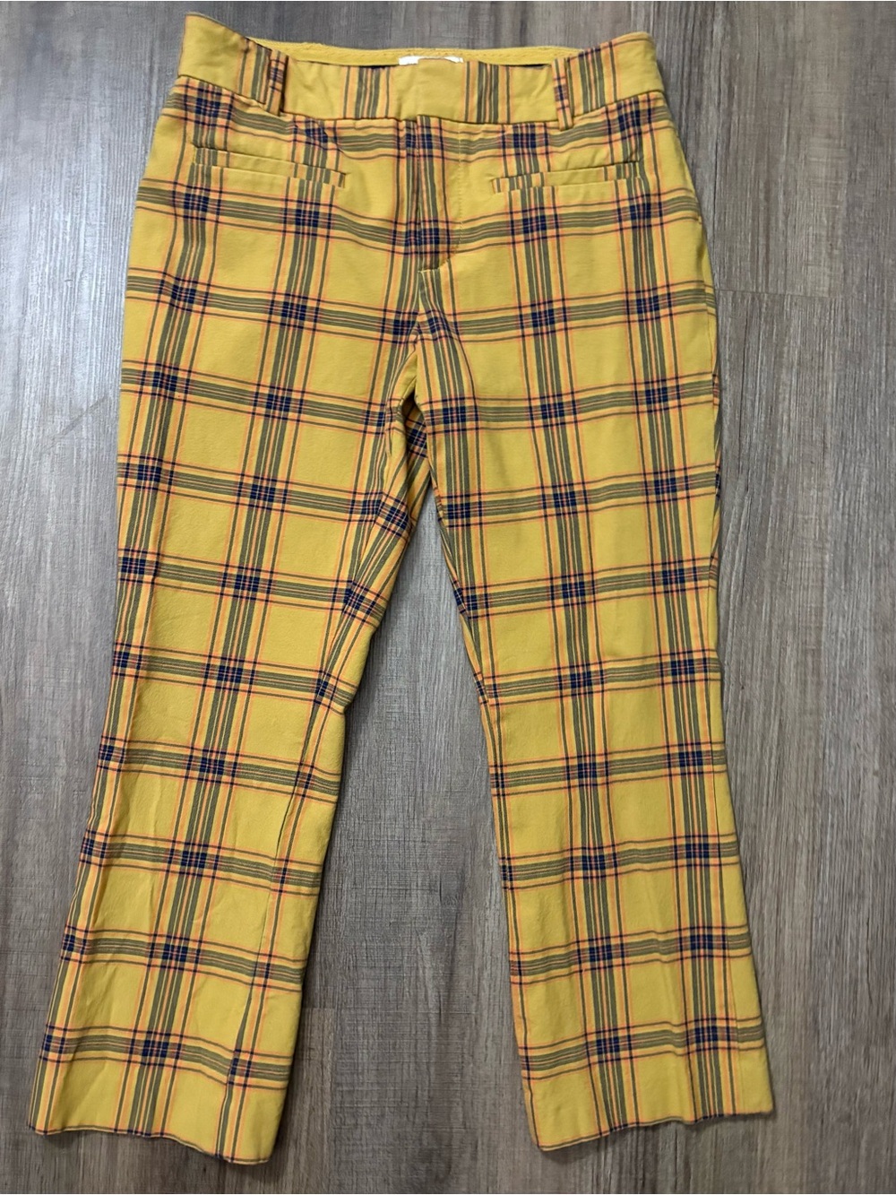 Anthropologie Yellow Plaid Cropped Pants with Navy & Orange Stripes